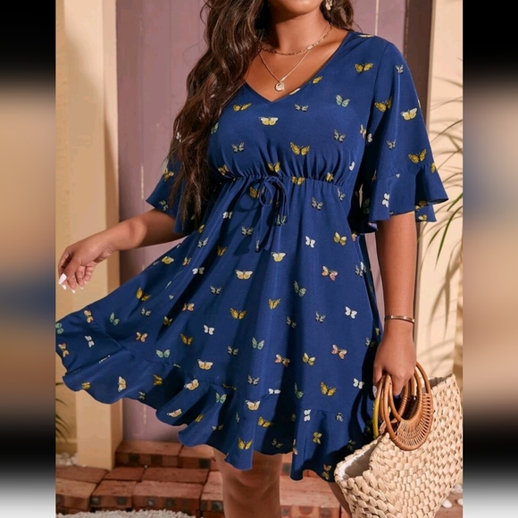 SHEIN Women's Butterfly Print, Flounce Sleeve, Hem Knot Front Dress NWOT - Picture 4 of 14